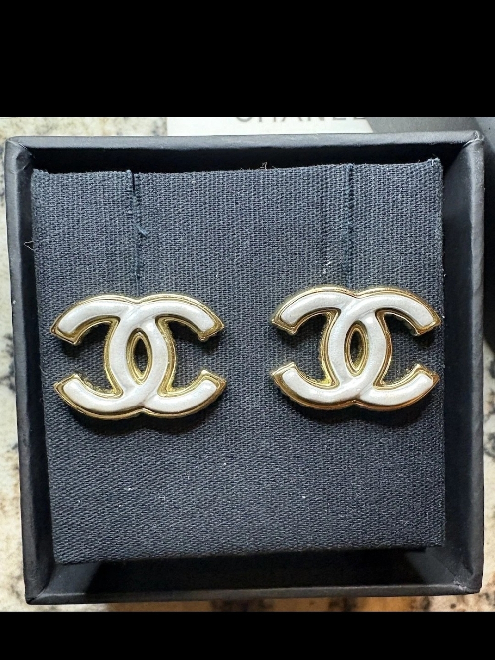 AUTHENTIC CHANEL White and Gold CC Logo Stud Earrings
